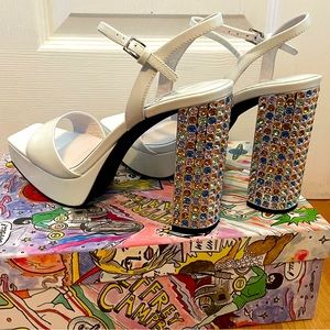 Jeffrey Campbell White Patent Leather embellished block heel platform sandals
